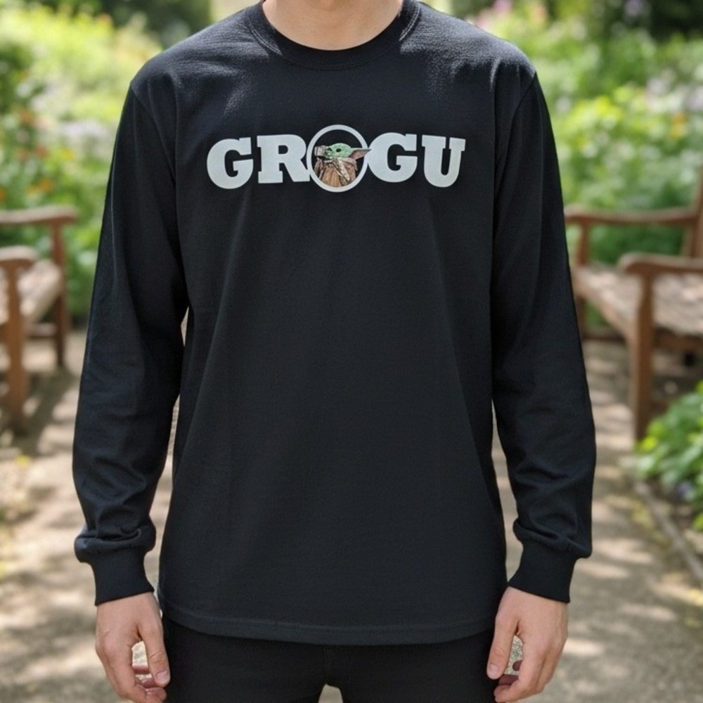 Star Wars Grogu Long Sleeve Graphic T-Shirt Black Baby Yoda Mandalorian Mens M